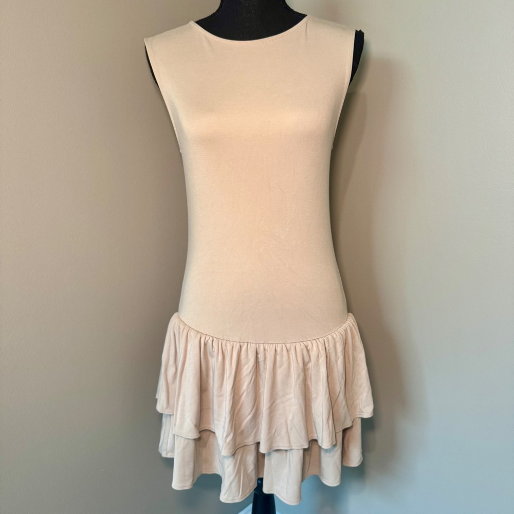 Wilfred Aritzia Beige Drop Waist Ruffle Mini Dress Sleeveless Tan Small
